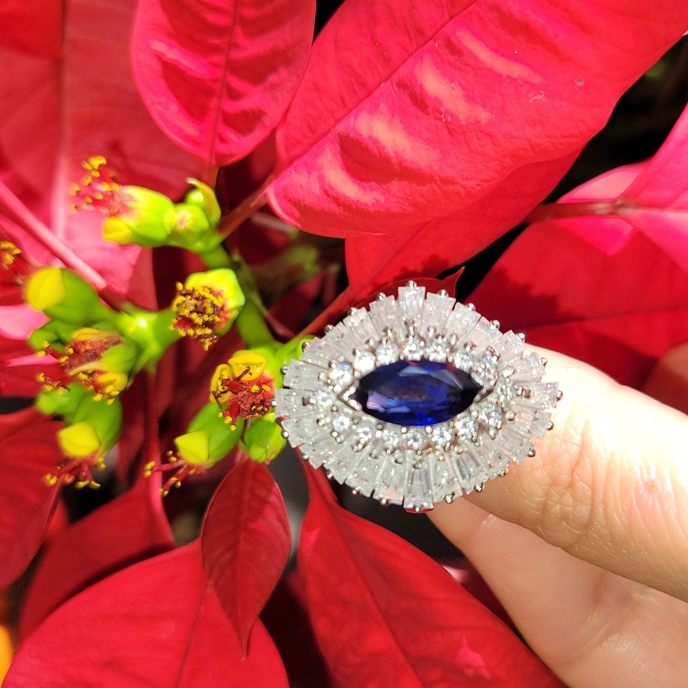 Vintage 1960s Cocktail Ring Faux Diamonds and Sapphire Set in Sterling Silver